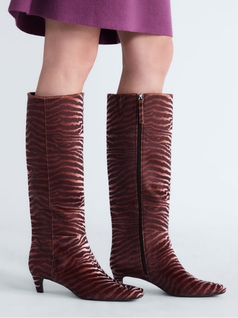 Scoop Tiger Print Two Tone Kitten Heel Knee High Boots, 8 Wide Width, NWT